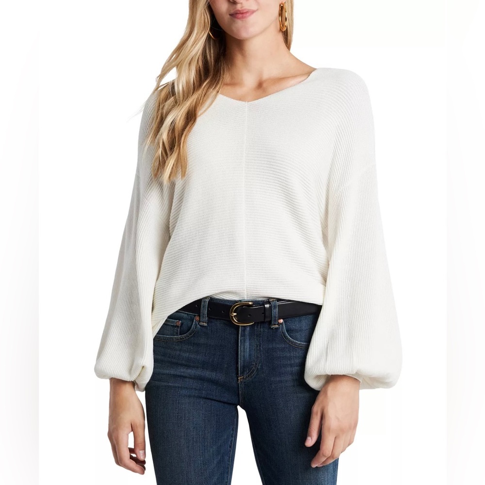 1.State Rib-Knit Bubble Sleeve Long Sleeve Sweater